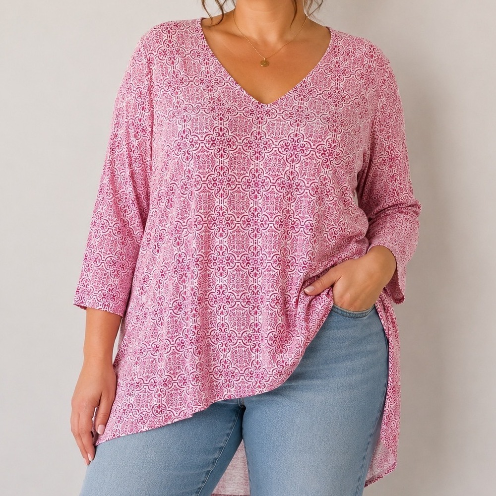 Chico's XL Pink Medallion Tunic Top Cotton Modal 3/4 Sleeve High Low Hem Lagen